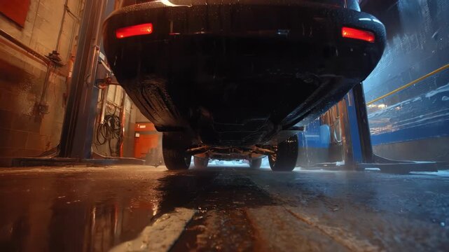 Medium shot capturing underbody cleaning with a deicer solution melting stubborn salt and grime during cold weather vehicle care.