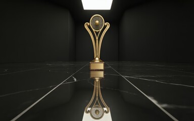 Golden trophy award on reflective black surface in dark room