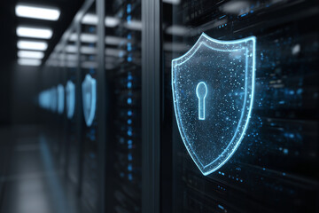 A blue shield with a key on it is displayed on a computer screen