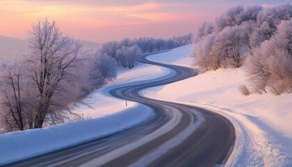 Obraz premium Winter landscape with winding road through snowy forest. Frosted trees line curved road. Soft pastel sky with pink, blue hues