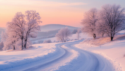 Obraz premium Winter landscape with winding road through snowy forest. Frosted trees line curved road. Soft pastel sky with pink, blue hues
