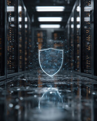 A computer server room with a blue shield on the floor