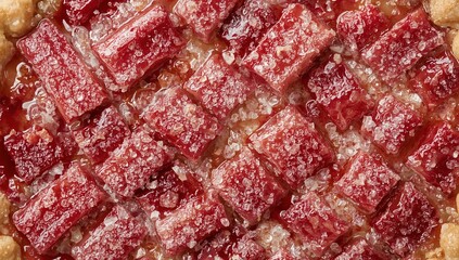 Closeup of flaky rhubarb lattice pie topped with coarse sugar crystals, fresh dessert texture, homemade bakery sweet tart