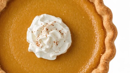 Pumpkin pie with whipped cream on flaky crust isolated on white background, close up, autumn dessert for thanksgiving and holiday celebrations