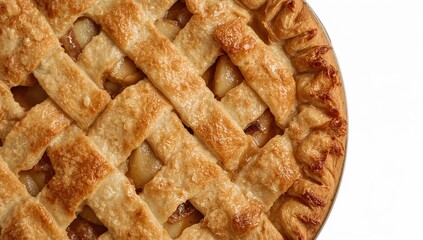 Closeup of homemade lattice apple pie with golden crust and tender baked apple filling on white background