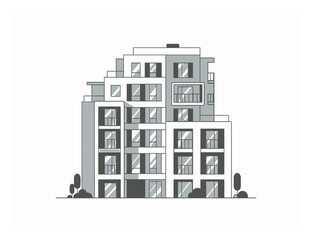 Modern Apartment Building Flat Vector Illustration, Minimalist Residential Architecture Icon, Simple Geometric City Housing Design Isolated on White