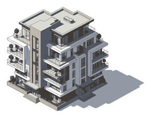 Modern Residential Apartment Building Isometric Vector Illustration, 3D Architecture Design