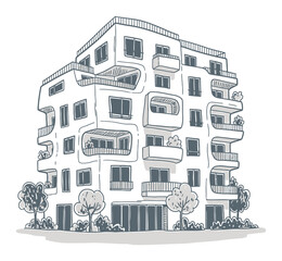 Modern Apartment Building Hand-Drawn Vector Illustration, Playful Sketch Style with Organic Shapes on White Background