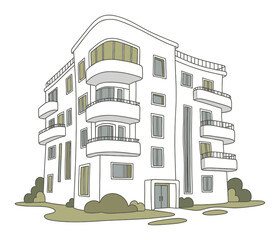 Modern Apartment Building Hand-Drawn Vector Illustration, Playful Sketch Style with Organic Shapes on White Background