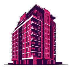 Modern Minimalist Apartment Building Duotone Vector Illustration, Urban Residential Architecture Two-Color Flat Design on White Background