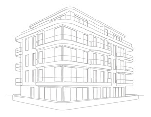 Modern Minimalist Apartment Building Continuous Line Art Illustration, Single Line Drawing Architecture Design on White Background