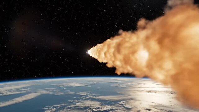 Spaceship Launch Viewed From Low Earth Orbit, Rocket Ascending From Earth&rsquo;s Surface With Glowing Exhaust Plume and Atmospheric Light Scattering