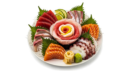 Sashimi arranged on a plate with raw fish and garnishes