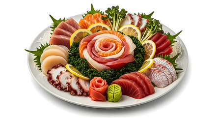A beautiful sashimi platter with raw fish, garnishes, and greens on a white plate