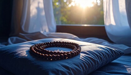 Polished wooden mala beads rest on a silk cushion bathed in warm sunlight, evoking peace and spiritual tranquility.