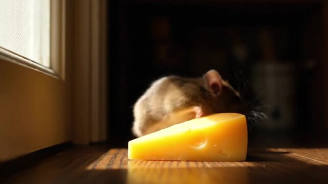Tiny Rodent Discovering Delicious Yellow Cheese on a Rustic Floor