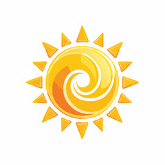 Bright Stylized Yellow Sun with Swirling Center and Rays, isolated white background.