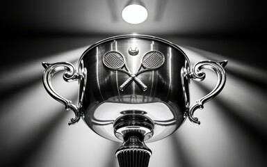 Shining tennis trophy cup with rackets and ball on dark background