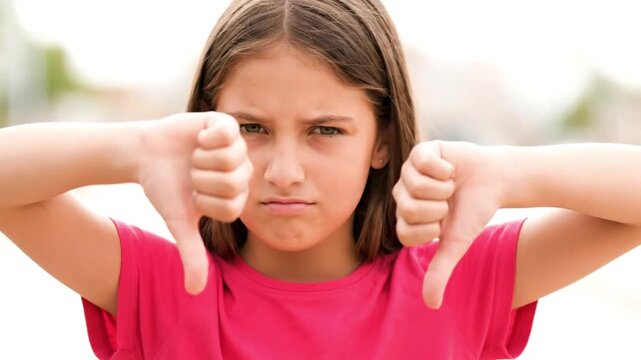 Unhappy girl showing thumbs down expressing disappointment