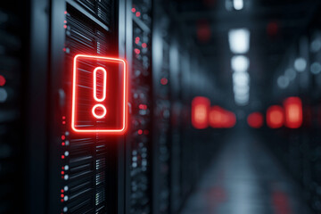 A red light with an exclamation point on it is lit up in a dark room