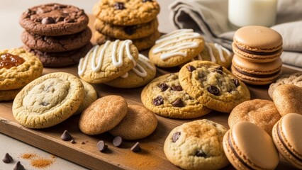 Assortment of Delicious Cookies and Macarons on Wooden Board, Sweet Baked Goods