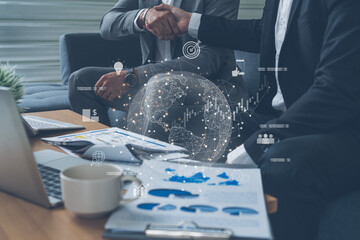 Global business network connecting digital economy and data exchange. Global business expands market, business shares data, global drives finance, and global business supports insight. Vouch