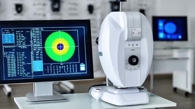Highprecision automated refractor device capturing accurate ocular measurements with digital interface in a wellorganized optometry office
