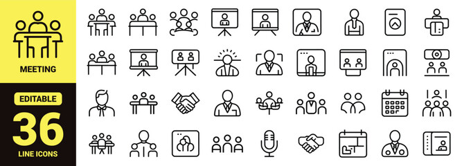 Business Management and Human Resources Line Icon Set with Meeting, Leadership, Presentation, Recruitment, and Teamwork Vector Symbols