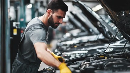 Mechanic conducting maintenance on vehicle HVAC systems inside a busy automotive workshop filled with cars and tools - Powered by Adobe