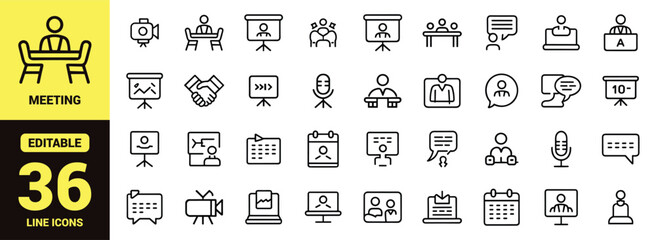 Business Management and Human Resources Line Icon Set with Meeting, Leadership, Presentation, Recruitment, and Teamwork Vector Symbols