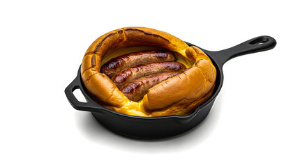 Sausages cooking in a cast iron skillet on a white background