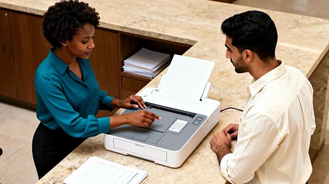 Two diverse colleagues use a modern office printer on a marble counter while reviewing paper documents
