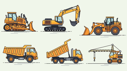 Construction Vehicles Vector Illustration of Bulldozer, Excavator, Dump Truck, and More © Maldini Store