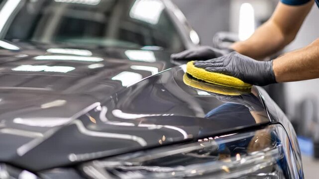 Medium shot of a technician applying glossy ceramic coating on a car hood enhancing the paints shine and offering durable protection against environmental damage.