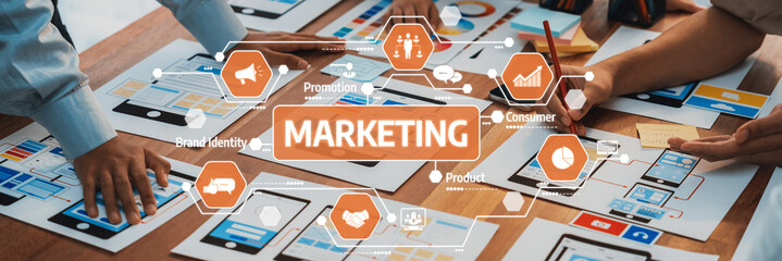 A dynamic workspace showcasing a collaborative marketing strategy session, featuring digital tools and visual elements focused on enhancing brand engagement and consumer interaction. Amity