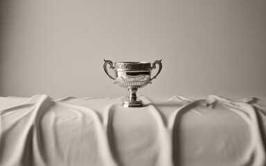 A shiny silver trophy cup sitting on a draped table