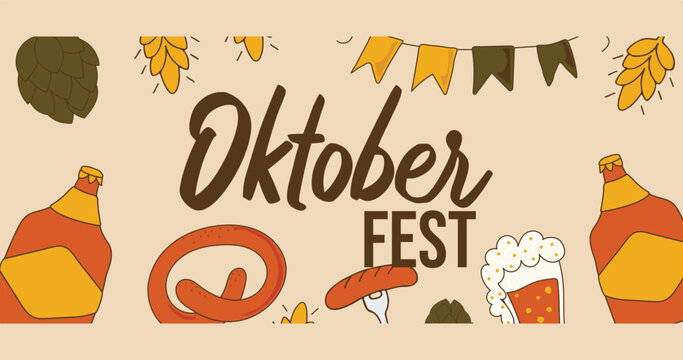 Banner with beer bottle, beer foam and inscription. Oktoberfest. Beer holiday. Banner. Bottle label. Background. Vector illustration.