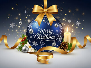 Merry christmas wishes with ornate blue bauble and golden ribbon decorations