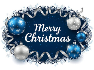 Merry christmas wishes with blue and silver ornaments border