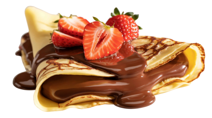 A freshly made crepe folded and filled with glossy melted chocolate, topped with sliced fresh strawberries and whole strawberry halves