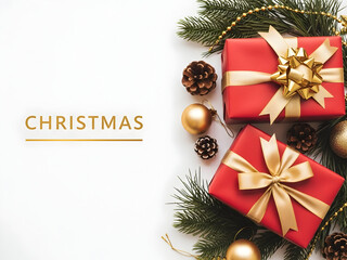 Christmas gift wrapping ideas with red and gold decorations and pine branches