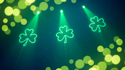 Neon Clover Shapes Under Spotlights on Dark Green Background &mdash; St. Patrick&rsquo;s Day Festival or Party Concept