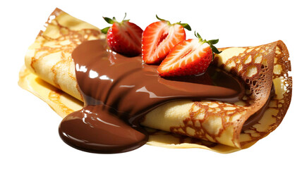 A freshly made crepe folded and filled with glossy melted chocolate, topped with sliced fresh strawberries and whole strawberry halves