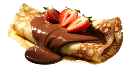 A freshly made crepe folded and filled with glossy melted chocolate, topped with sliced fresh strawberries and whole strawberry halves