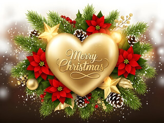 Merry christmas heart with poinsettias and pine leaves decoration