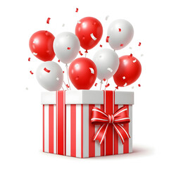 A festive gift box with red and white balloons and confetti exploding