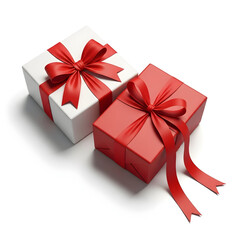 Two beautifully wrapped gift boxes with red ribbons on white background