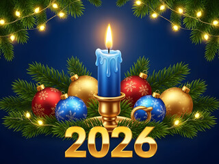 New year s 2026 celebration with blue candle and christmas ornaments