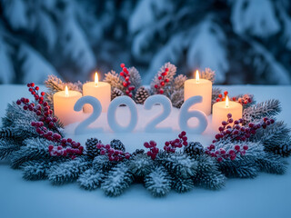 New year s eve 2026 celebration with candles and pinecones arrangement
