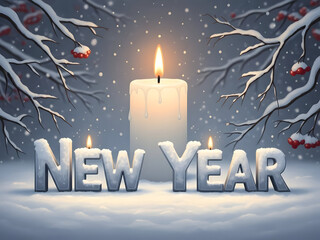 A serene winter scene with a lit candle and new year greeting